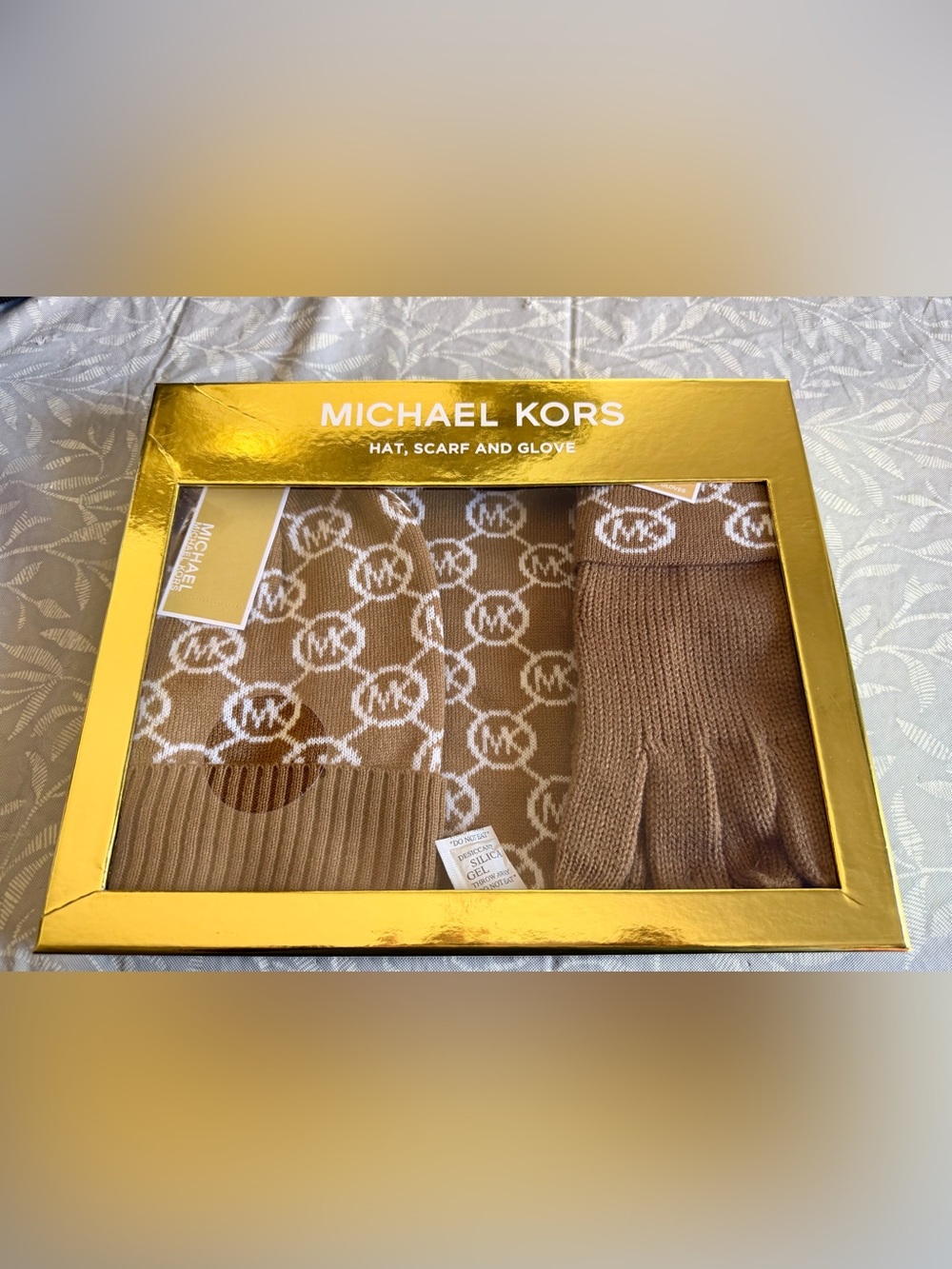 Michael Kors Brown and White MK Logo Knit Hat, Scarf & Gloves Set
